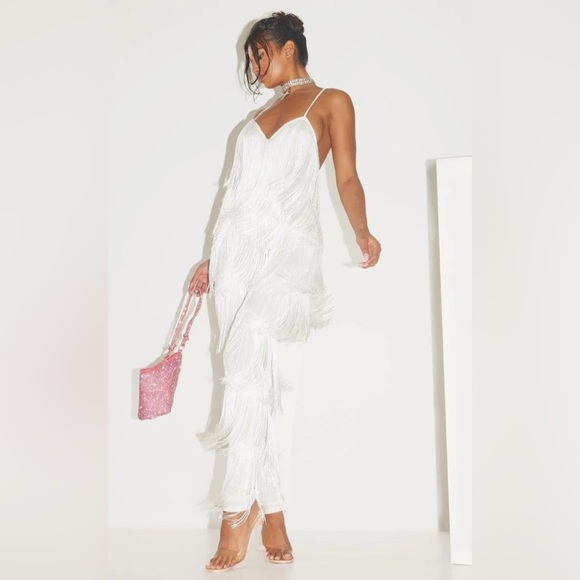 PrettyLittleThing White Fringe Jumpsuit - Picture 3 of 7